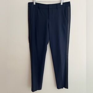 VINCE Lightweight Wool Dress Pants Leather Tuxedo Stripe Navy Blue Career Chic